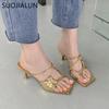 Fashion SUOJIALUN 2025 Summer Narrow Band Women Slipper Fashion Square Toe Slip On Sandal Shoes Thin High Heel Dress Sandal Shoes Slides