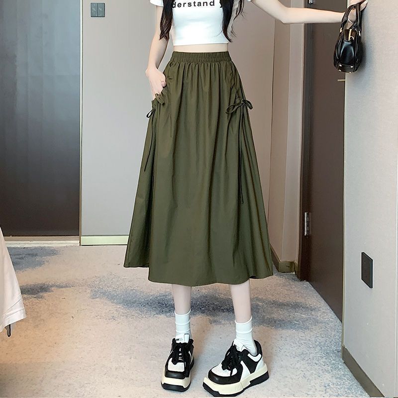 

Safari Style Fashion Drawstring Skirts Women s Clothing High Waist A-Line Elastic Spring Autumn Solid Color Casual Midi Skirts XXL