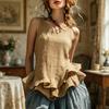 Women Tops Solid Color Loose Fit Breathable Casual Blouse O-Neck Sleeveless Ruffle Splicing Hem Summer Vest Daily Wear