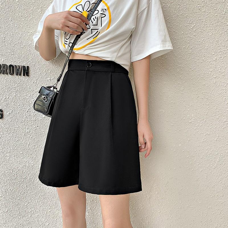 

Женские шорты-костюмные больших размеров с высокой посадкой, черные, с широкими штанинами - Универсальные шорты-бермуды длиной до середины бедра L чёрный