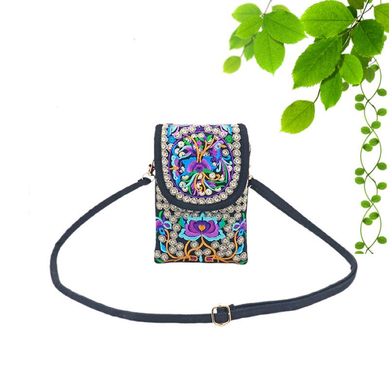 

Ethnic Embroidered Women s Crossbody Canvas Handbag with Double Layer for Phone and Coins