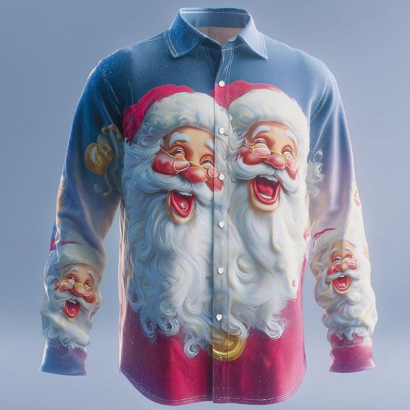 Christmas Men's 3D Santa Claus Printed Long Sleeve Shirt Polyester Lapel Formal Casual Shirt Autumn and Winter All-match Tops