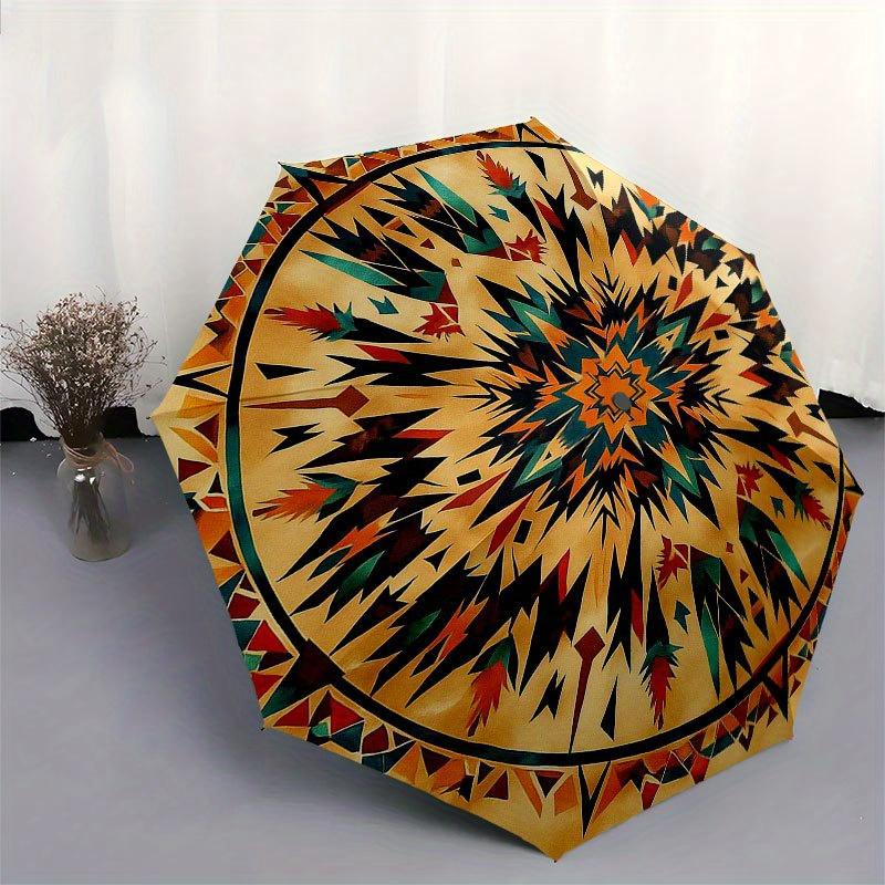 Bohemian Mandala Runder Teppich, Lebendiger Teppich mit ethnischem Muster für Wohnzimmer-Dekoration Regenschirm, Niedlicher Regenschirm mit süßem Design, Tragbarer 3-fach Kompakter Regenschirm