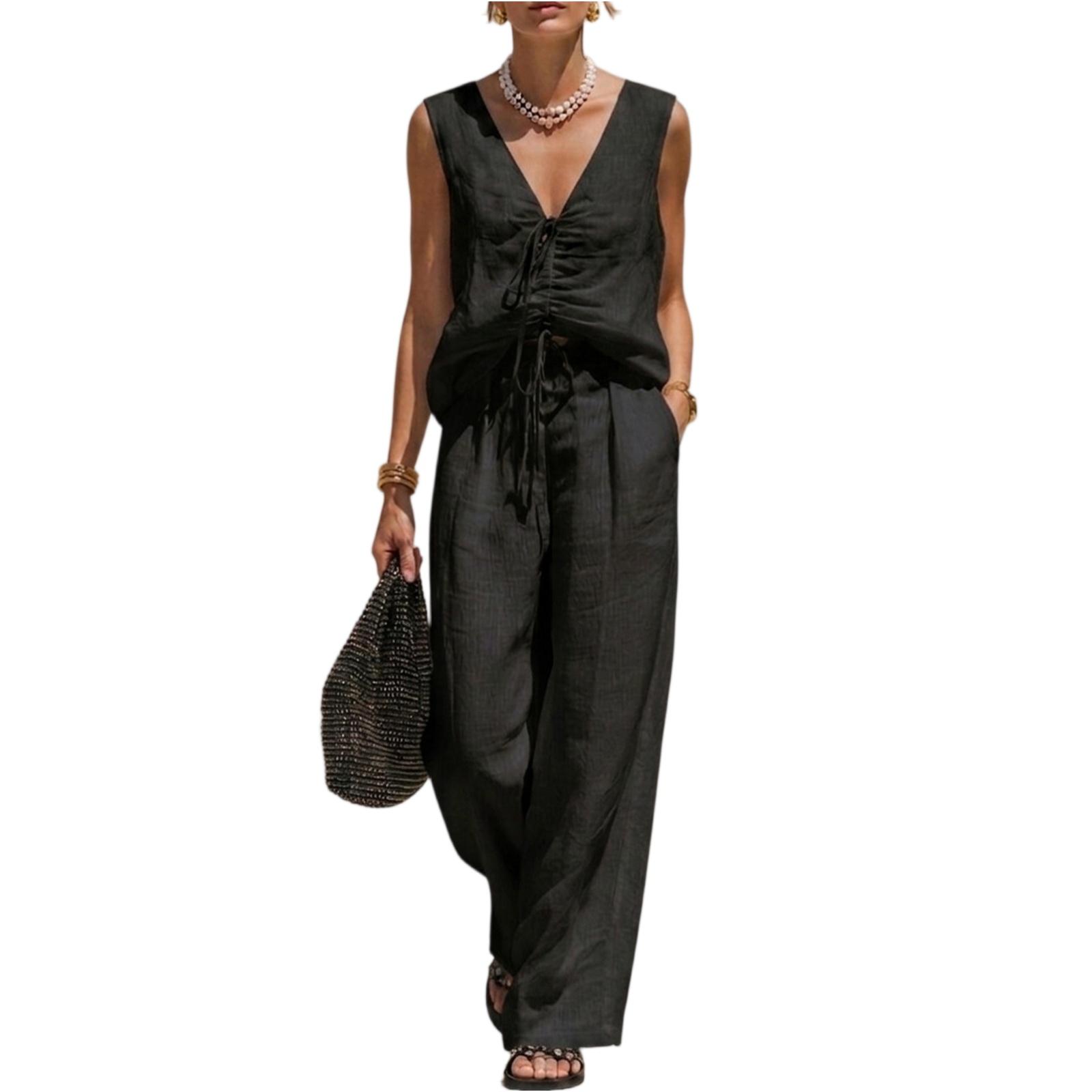 Women Sleeveless V Neck Top and Wide Leg Pants Set Casual Linen Blend Two Piece Outfit Summer Fashion Comfortable Fit L чёрный