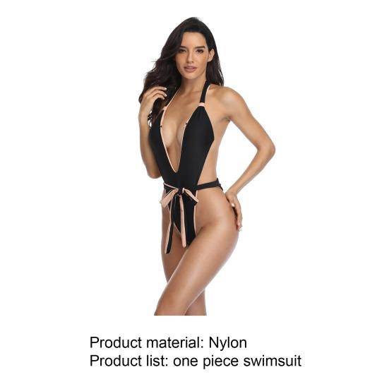 Deep V-neck Backless Bandage Women Monokini Patchwork Color Halter One-Piece Swimsuit