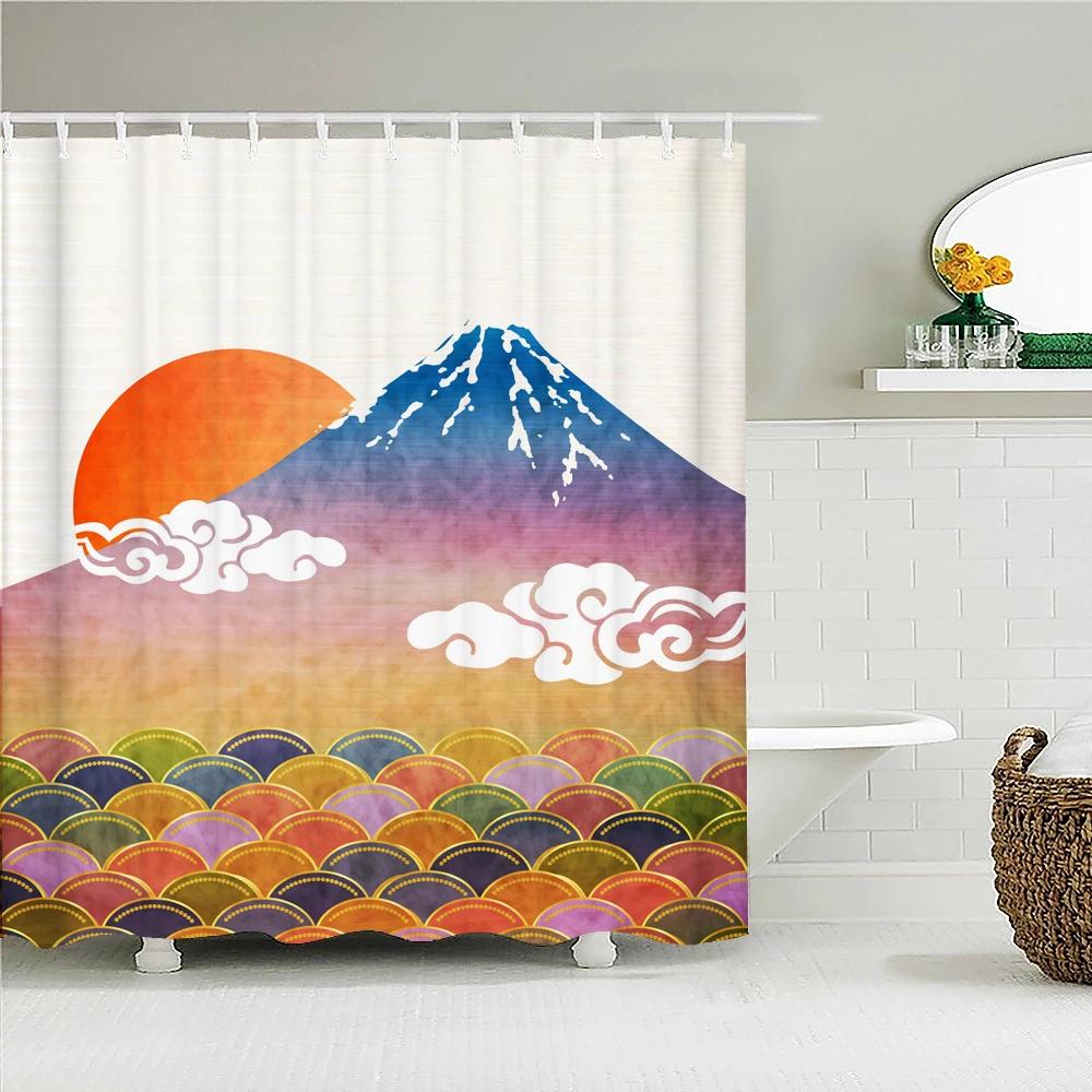Japanese-style 3D Mount Fuji and Flower Print Shower Curtain With Hook Natural Landscape Home Decoration Bathroom Curtains