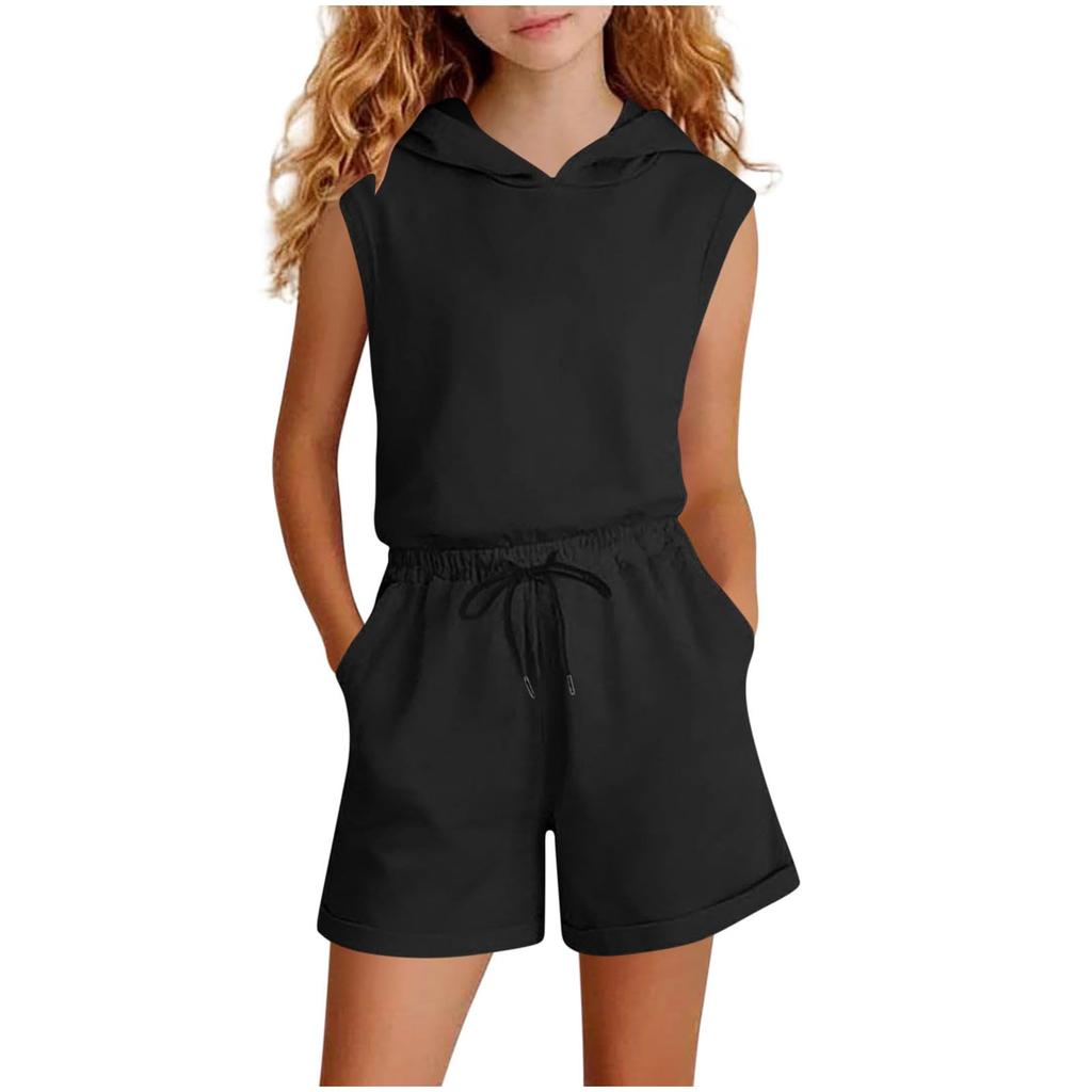 Kids Sleeveless Hoodie and High Waist Wide Leg Shorts Two Piece Set Casual Comfortable Summer Outfit for Girls