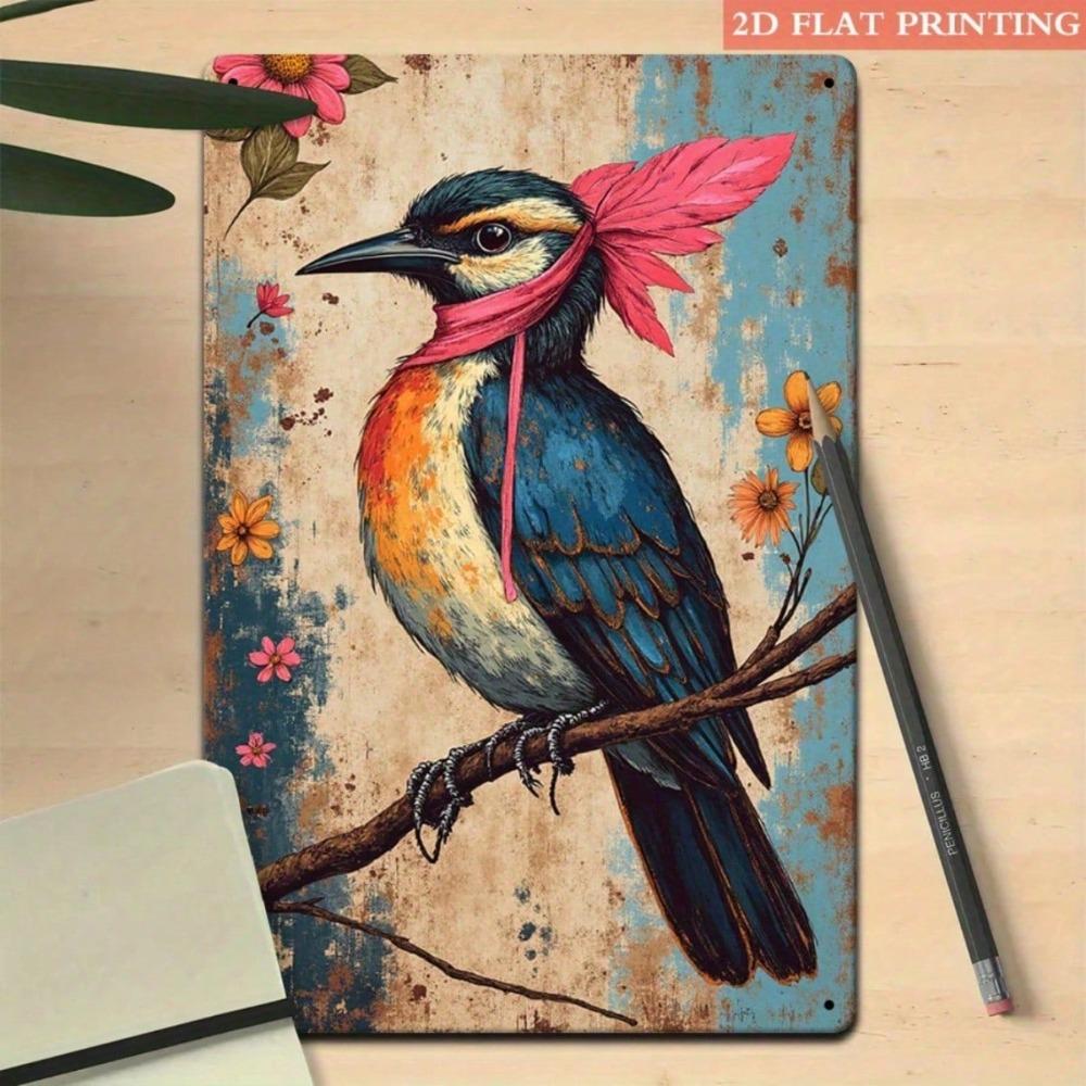 Vintage Bird & Floral Iron Wall Art, 8x12 Rustic Metal Plaque, Colorful Flowers, 2D Sign for Living Room