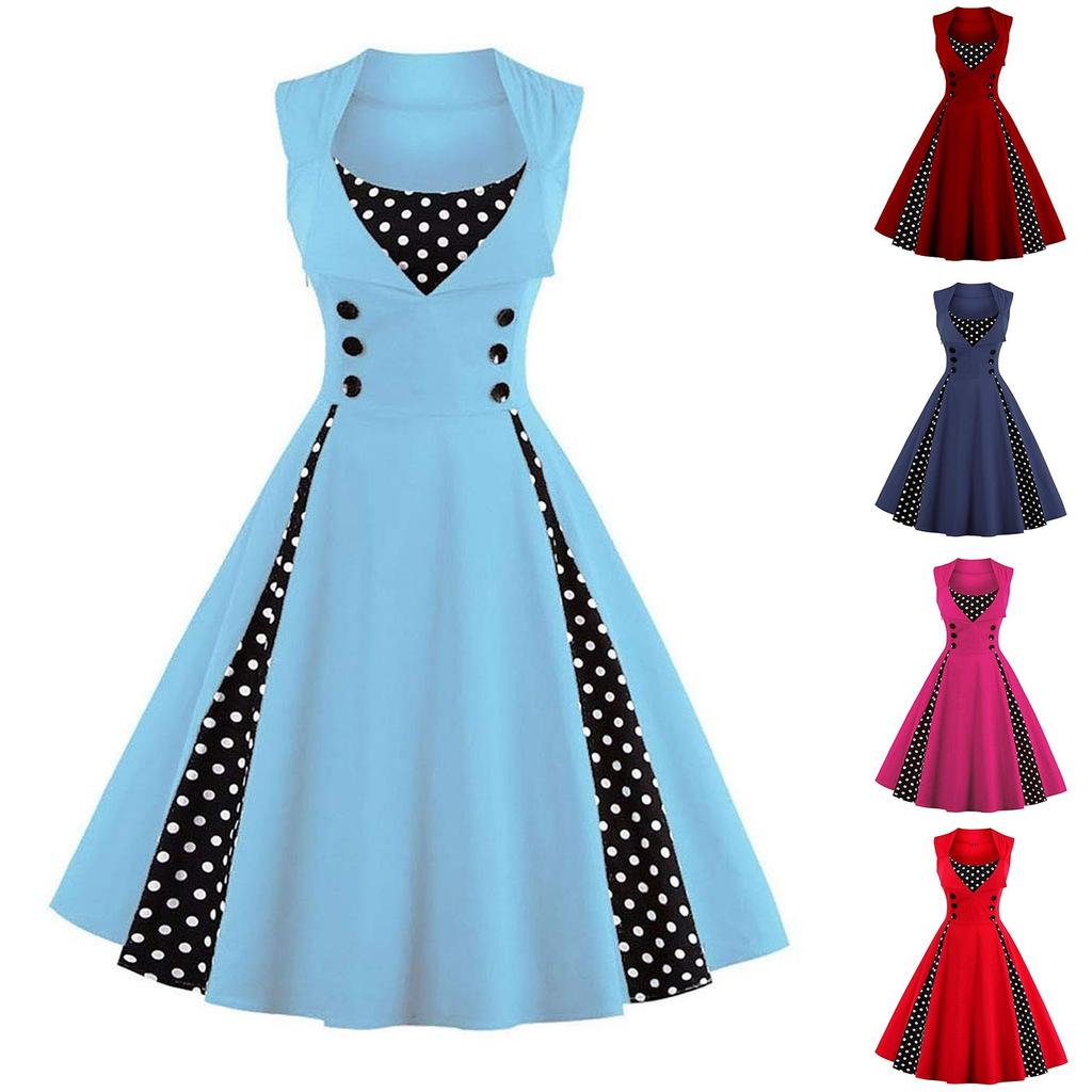 Women's Retro Fitted Sleeveless Polka Dot Print Dress For Performance