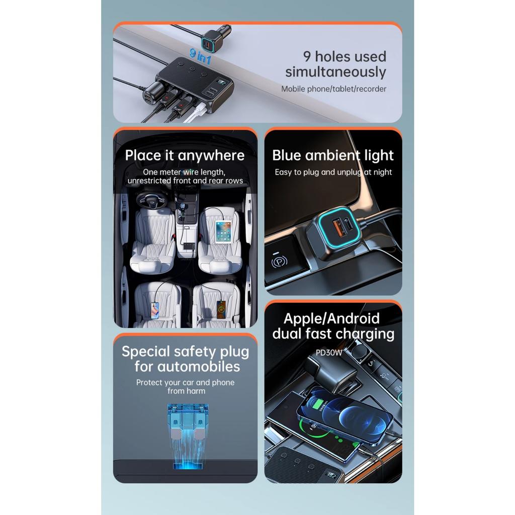 171W Autoladegerät-Adapter 9 in 1 Steckdosenverteiler PD30W/QC 3.0 Unabhängige Schalter 12V/24V DC-Ausgang