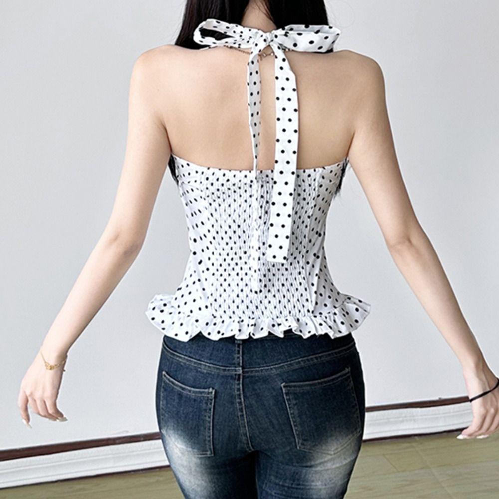 Dot Halter Ruffle Vest Top Lace Up Women Camisole Fashion Sleeveless Crop Top Female