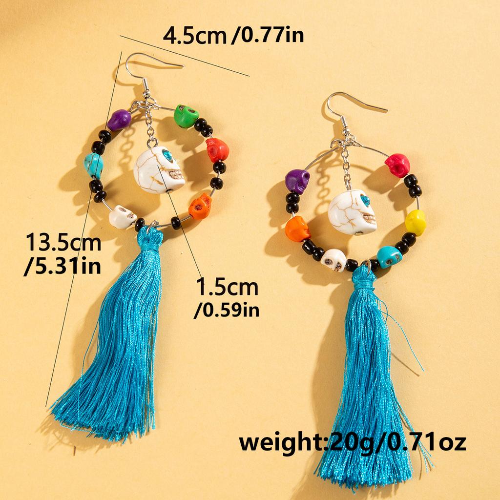 Funny Ethnic Flower Skull Drop Earrings for Women Creative Gothic Punk Long Tassel Earring Halloween Party Festival Jewelry Gift
