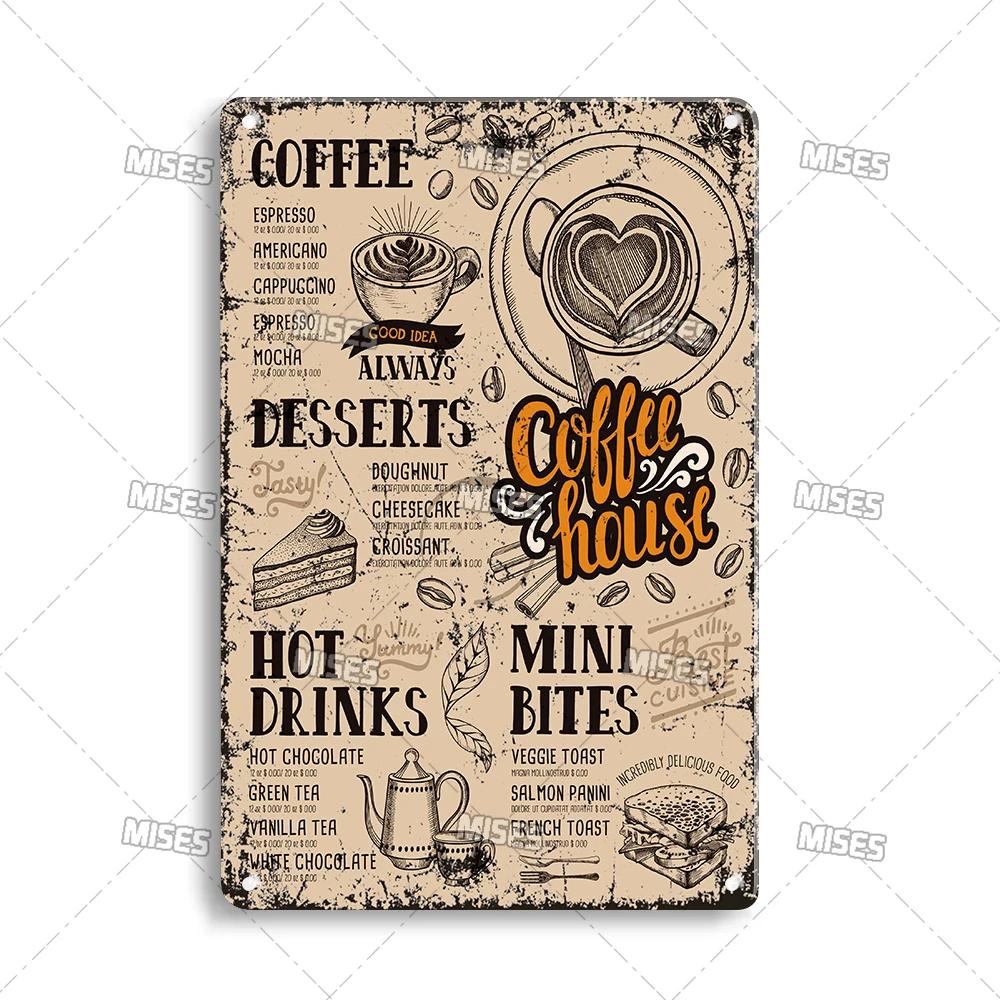 MISES Kaffemeny Väggskylt i metall Plåt Café Metallplakett Vintage Metallskylt Hem Café Studio Metallaffisch Industriell Dekorskylt
