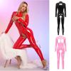 Womens Hollow Out Jumpsuit Long Sleeve Catsuit Mock Neck Zipper Back Patent Leather Bodysuit