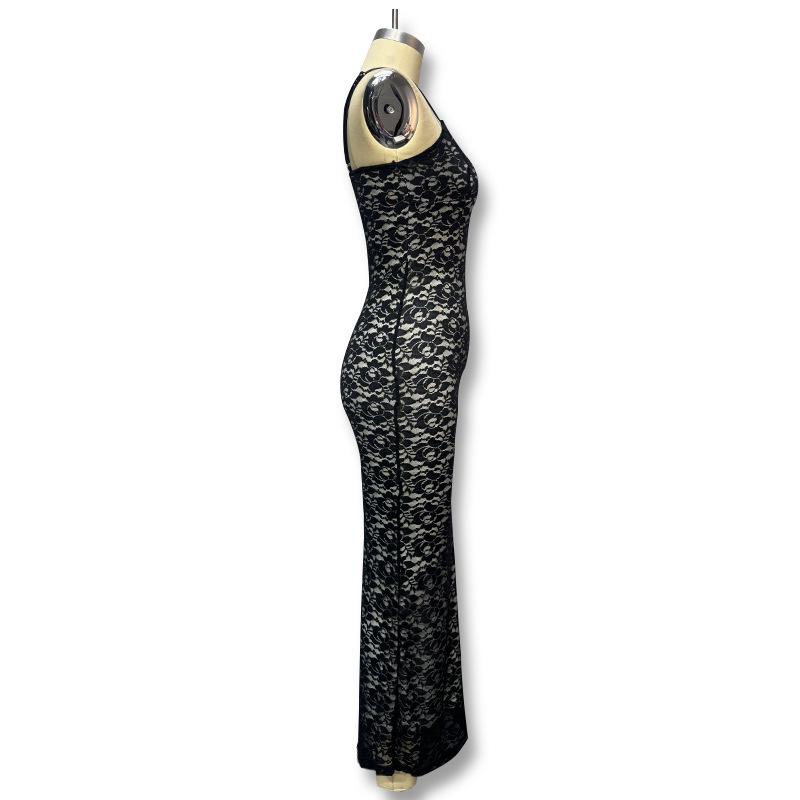 European & American Spaghetti Strap Lace See-through Waist-cinching Backless Maxi Dress