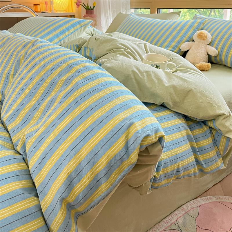 High Quality Striped Printed Pure Cotton Bedding Sets Skin Friendly Breathable Soft Quilt Kit Non Color Fading Bed Set