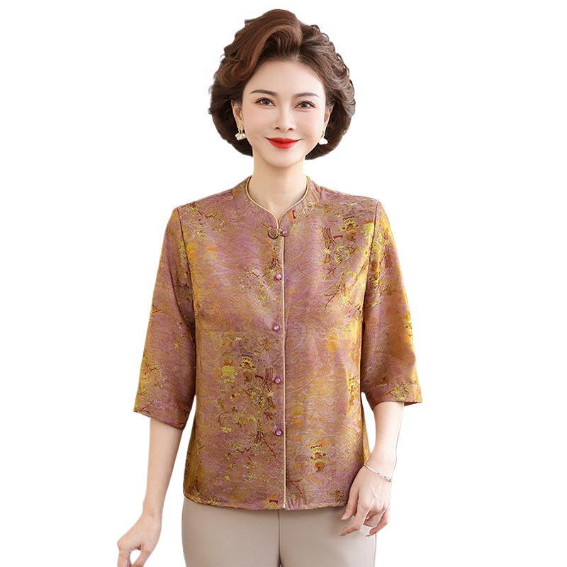 Women's Mid-Aged & Elderly 7-Sleeve Frog Button Shirt - New Chinese Style Spring/Summer Cardigan with Printed Top