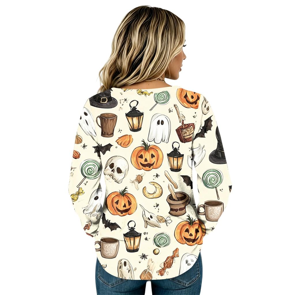 Women's Flannel Long Sleeve T-Shirt with Halloween Print Neck Casual Top