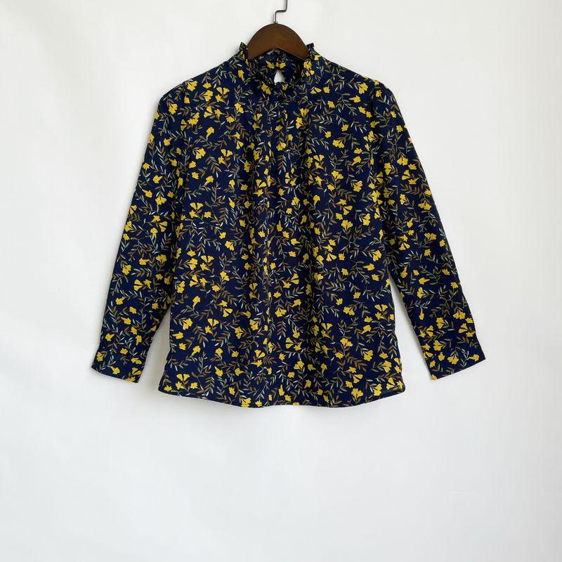 

Блузка с полувысоким воротником, ретро-цветочным принтом, приталенная, тонкая рубашка, элегантная мода, с длинным рукавом, базовая рубашка Yellow floral M code