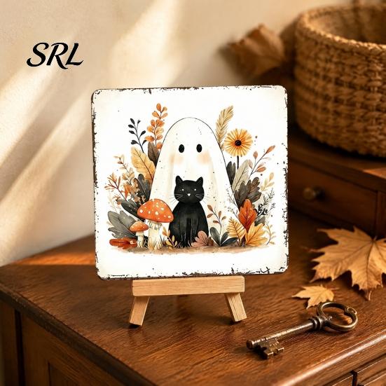 Festive Home Decor for October Halloween Wood Tabletop Sign with Mini Easel, Cute Pumpkin Ghost Decorative Party Table Centerpieces Plaque,