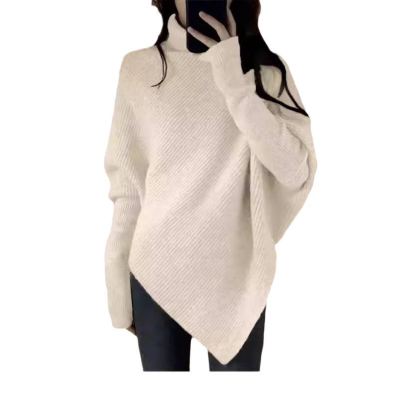 Women's Pure Wool Thickened Turtleneck Sweater, Irregular Loose Knit, Cozy Autumn/Winter Style