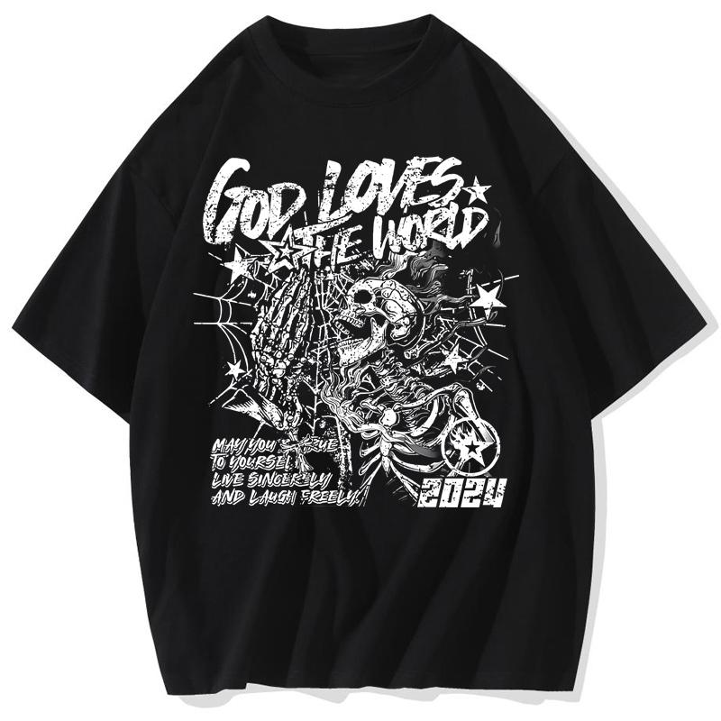 

Yk Skull TShirt Casual Short Sleeve God Loves The World Graphics Cotton Men Summer Vintage Oversize Tshirt Streetwear Women S