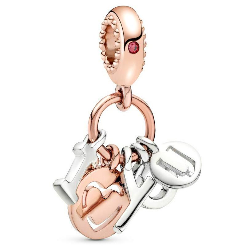 Plata de Ley S925 Original Cuentas Charms Corazón Amoroso Mamá Te Quiero Letras Felices Colgante Apto para Pulsera de Moda Joyería DIY