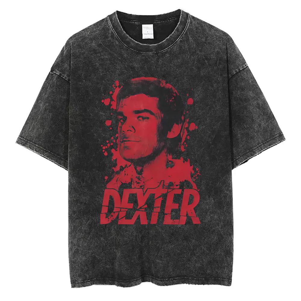Washed Vintage TV Play Dexter Morgan Face Graphic Tshirt Men Women Casual Cotton Oversized T Shirt Male Classic Gothic Tshirts