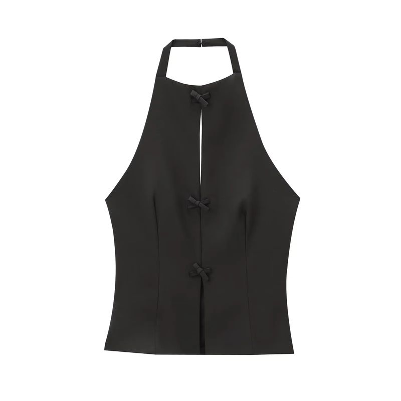 Summer New Product Women's Clothes French Style Design Bowknot Decoration Hanging Collar Backless Short Tops 4772009
