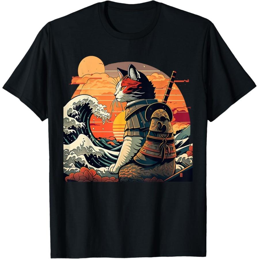 Japanese retro samurai cat The Great Wave by Hokusai T-Shirt XXXXXL чёрный