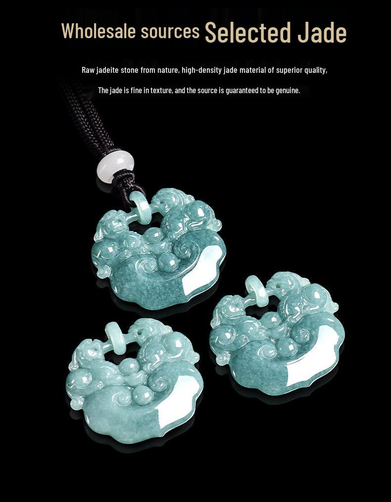 Premium Blue Jade Pixiu Ruyi Pendant Necklace with Leather Tassel