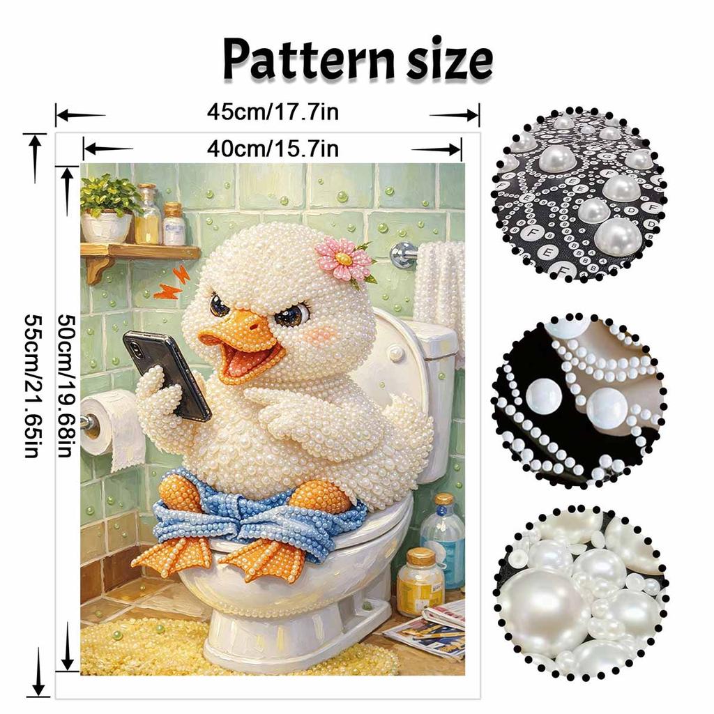 Framed Pearl Art DIY Kit with Angry Duck on Toilet Pattern 3D Sparkling Bead Canvas Painting Handmade Gift for Home Decoration Wall Decor