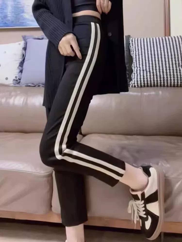mm Autumn Stripes Cropped Fat Sister Stretch Sports Pants 49kg
