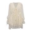 Summer Women Solid Color Pleated Dress Elegant Ruffles V-neck Long Sleeve Mini Dress Fashion Female Fold Casual Beach Party Dress