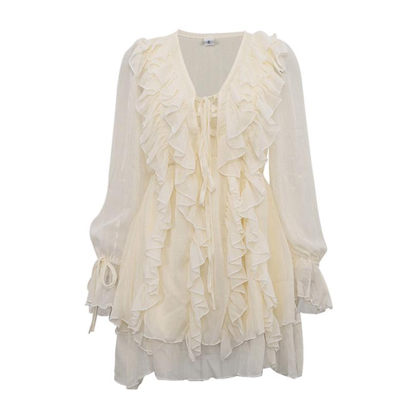 Summer Women Solid Color Pleated Dress Elegant Ruffles V-neck Long Sleeve Mini Dress Fashion Female Fold Casual Beach Party Dress
