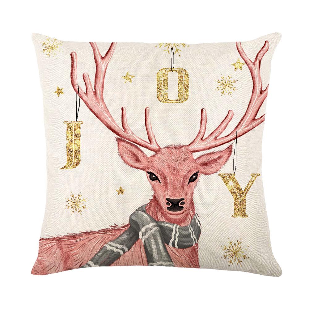 Pink Elk Christmas Cushion Cover Polyester Letter Print Holiday Decoration Living Room Sofa Cushion Cover Cushion Cover