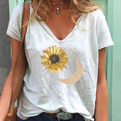 Fashion Spring  Sunflower Print Blouses Short Sleeved V-Neck T Shirts Casual