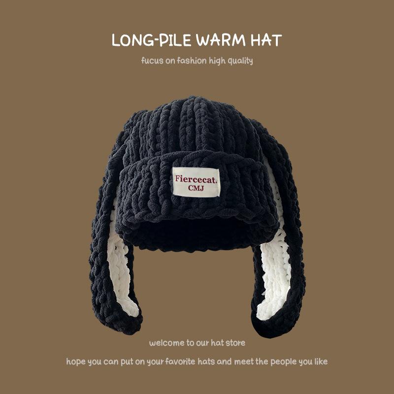 

Korean Cute Long Rabbit Ears Thick Woolen Hat for Women In Autumn and Winter New Thickened Warm Ear Protection Pure Handmade Knit Hat One Size