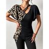 Dámský nový explozivní leopardí potisk asymetrický výstřih motýlí rukáv patchworkový top