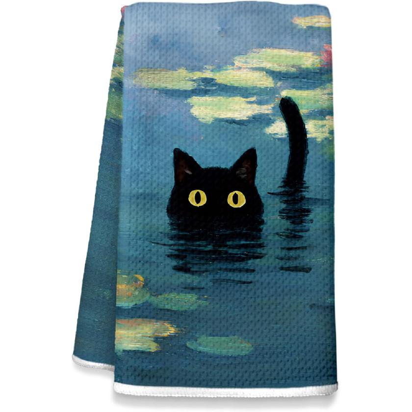 Black Cat Kitchen Dish Towels, Cat Lovers Mom Dad Lady Gifts Decorative Hand Towels for Bathroom Kitchen, Pet Lover Gifts, 16x24 Inch
