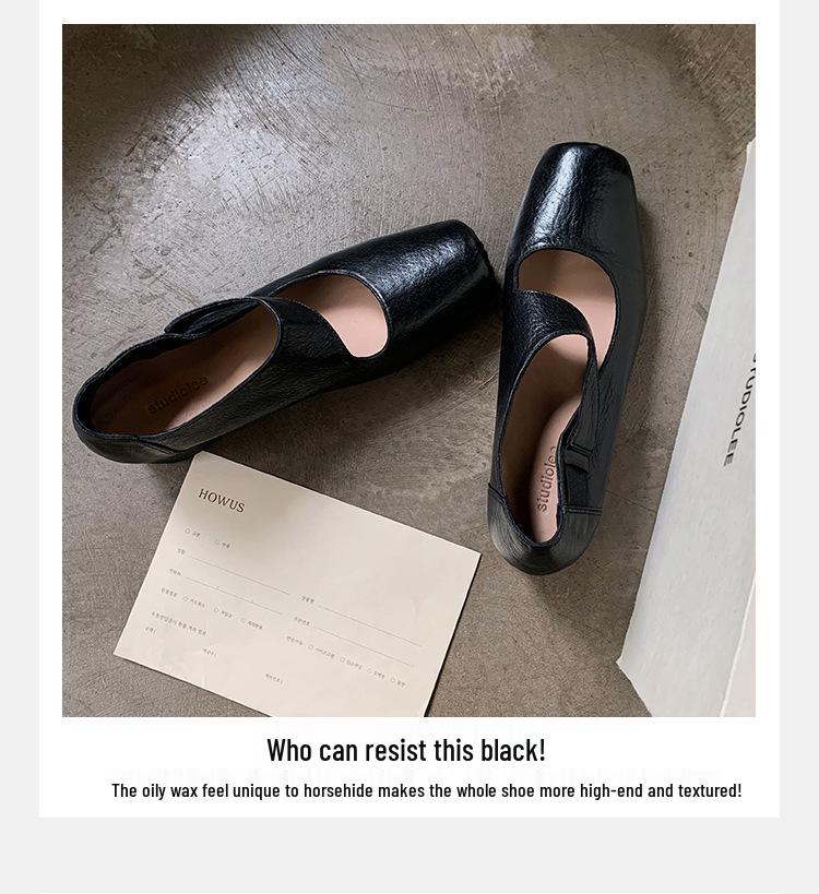 Women's Genuine Leather Ballet Flats, Autumn 2024, Square Toe, Chunky Heel, Vintage Low-Cut Mary Jane Shoes