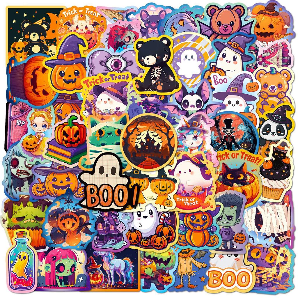 50Pcs Halloween Stickers - Waterproof Repositionable Vinyl Decals for Crafts, Party, Laptop, Luggage, Creative Decor