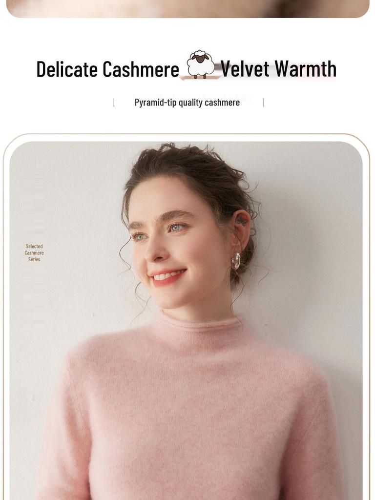 Women's Cashmere Knit Pullover: Seven-Stitch Rolled Hem, Half-High Collar, Solid Color Sweater