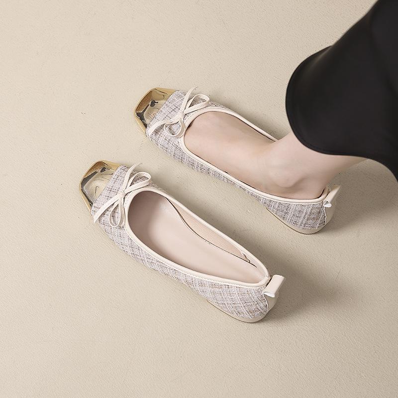Bow Light Mouth Single Shoes Women's Spring and Summer New Ballet Shoes Soft Sole Metal Square Head Flats