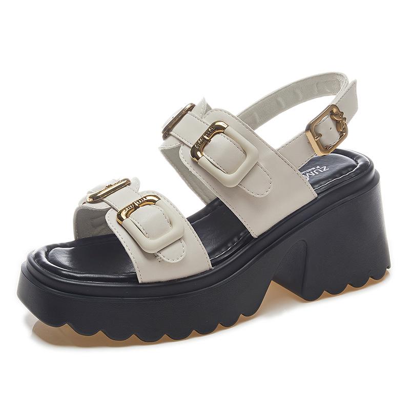 Fashion 7CM Genuine Leather Buckle Summer Sandals Slippers Luxury Platform Wedge Leisure Elegance Women Fashion Contoured Shoes