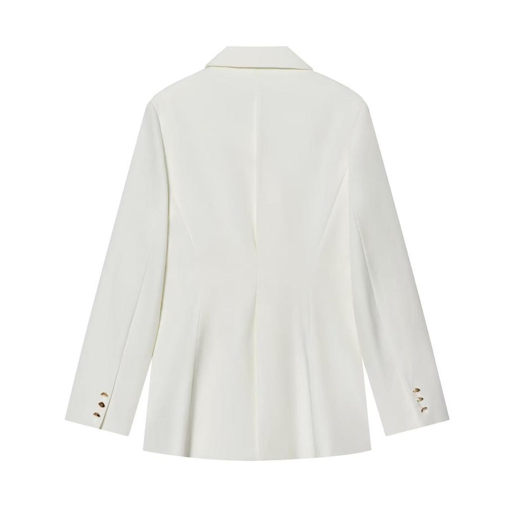 European American Style Fashion Suit: Buckle Decor Jacket & Straight-Leg Pants Two-Piece Slim Fit Set for Women