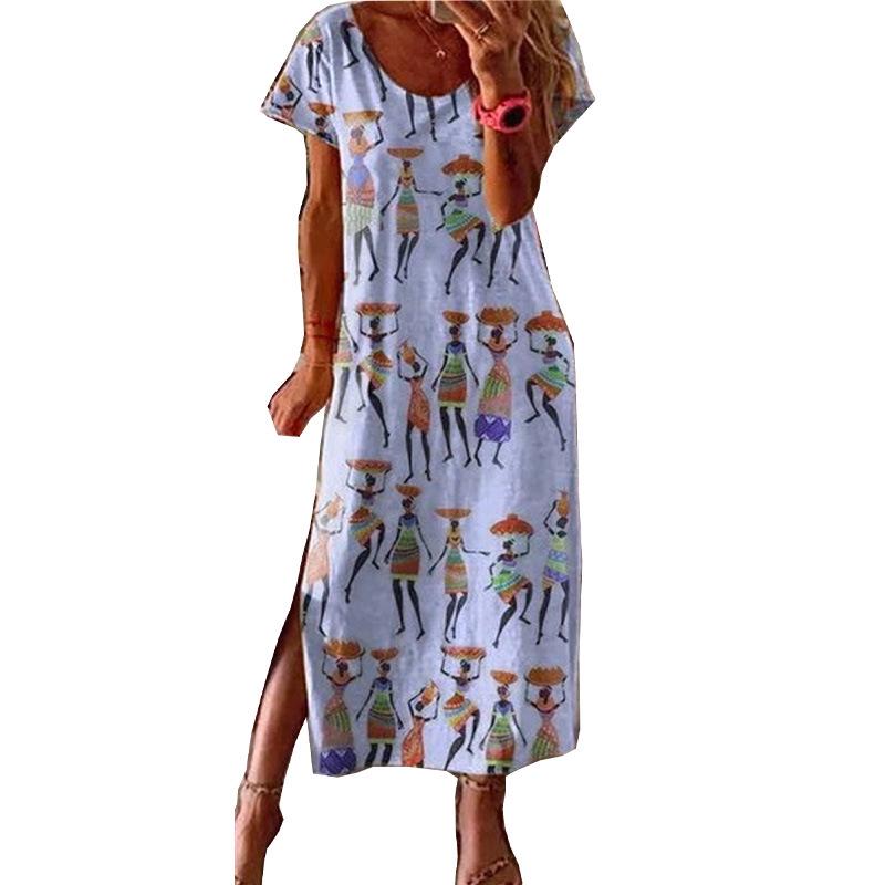 

Свободная длинная юбка в этническом стиле с цифровым принтом и короткими рукавами S синий