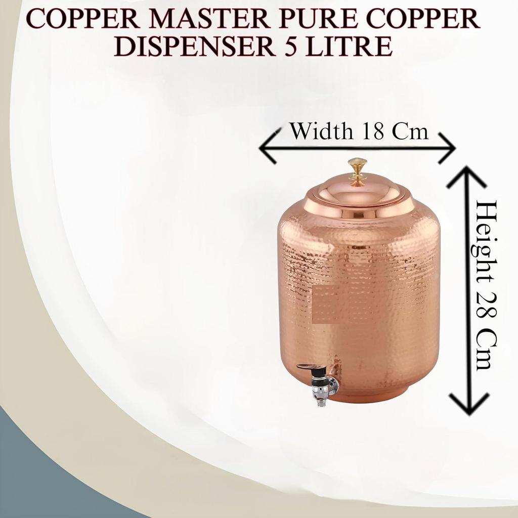 5 Litre Hammered Copper Water Dispenser (Matka) Container Pot with 4 Pure Copper Glasses Pure Copper and Ayurvedic Health Benefits