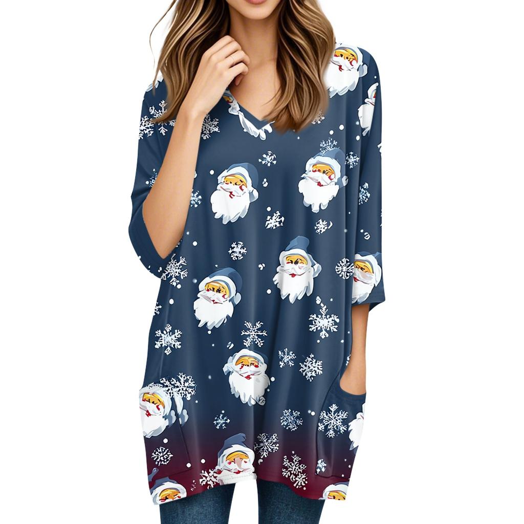 Womens Tops V-neck 3/4 Sleeve Blouses Casual Mid-length Shirts Fashion Christmas Print Tunic Tops With Pockets