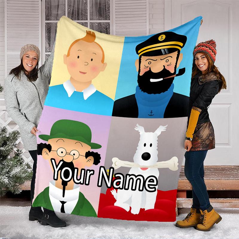 Custom Name Tintin Theme Printed Blanket - Perfect for Couch, Bed, Travel & Outdoor Use | Machine Washable, Cozy & Durable.